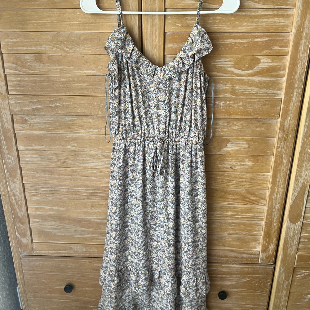 Sienna Sky Beige Floral Ruffle Midi Dress